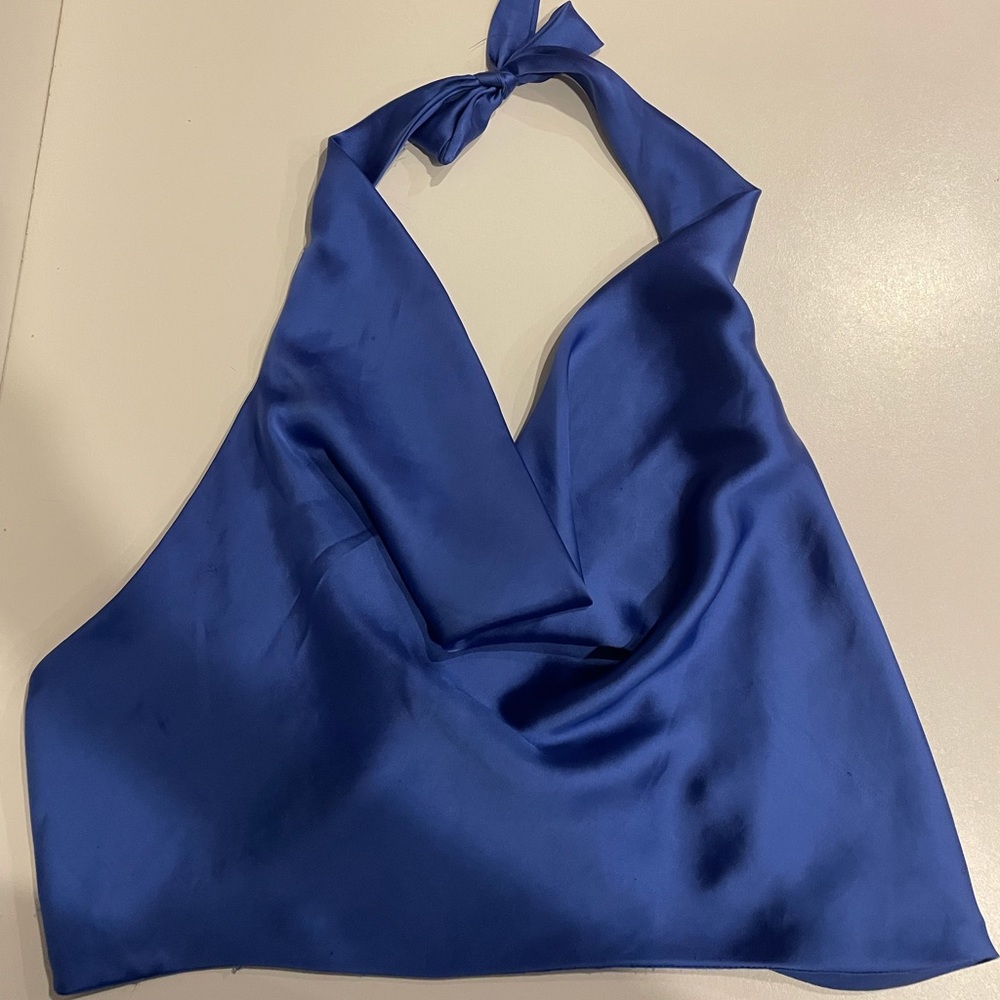 Zara blue satin tie cowl neck crop top